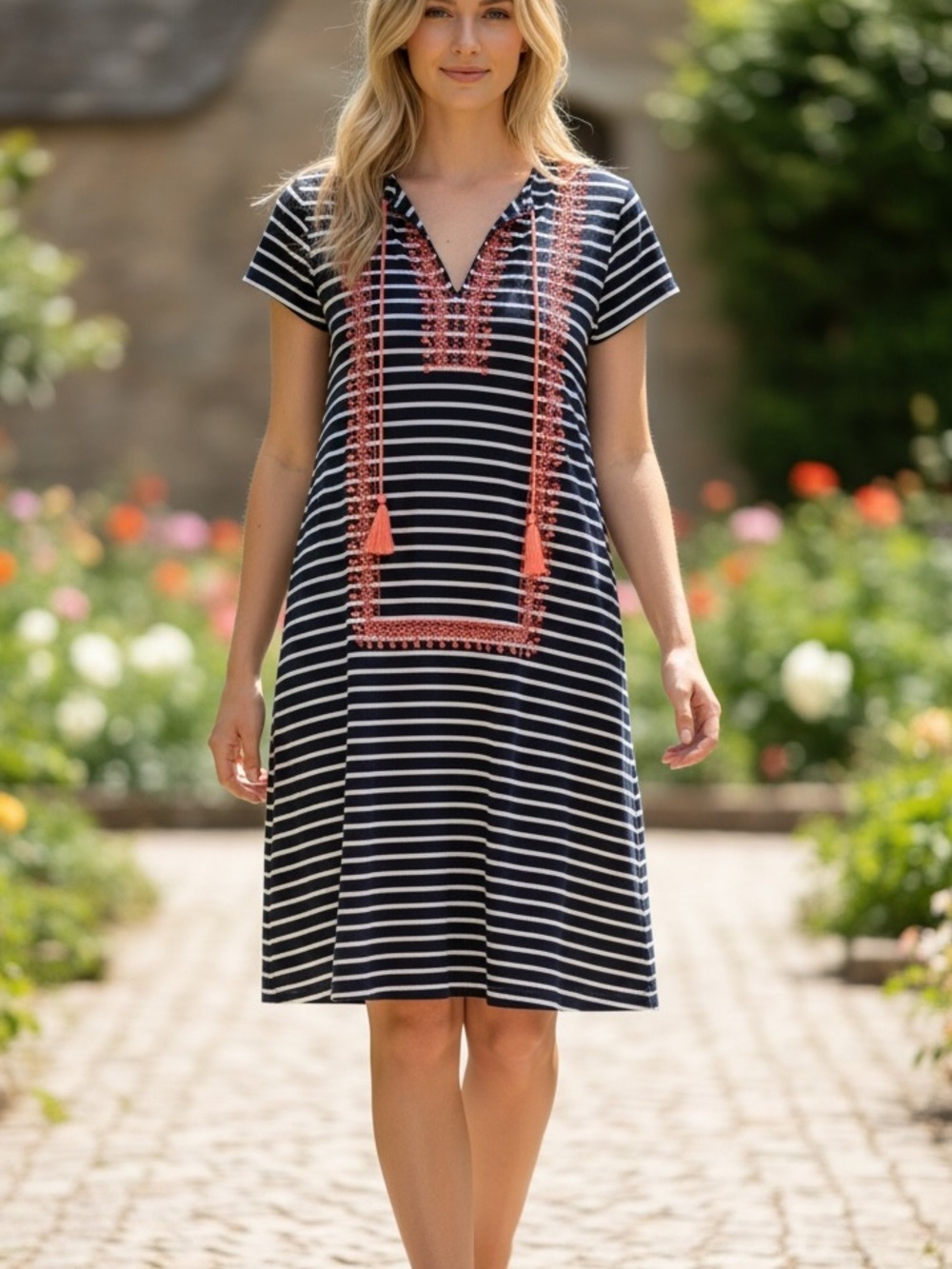 THML Navy Blue White Stripe Boho Stretch Knit Dress Coral Orange Embroidery M